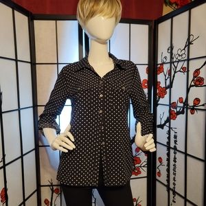 NOTATIONS LADIES DEEP BLUE WHITE POKA DOT BUTTON DOWN SHIRT/SIZE SMALL